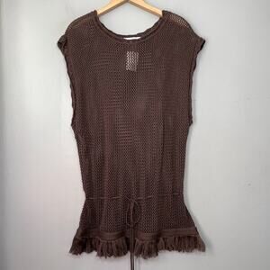 Sweater Project One Size Dark Chocolate Fringe Open Knit Crochet Drawstring Boho